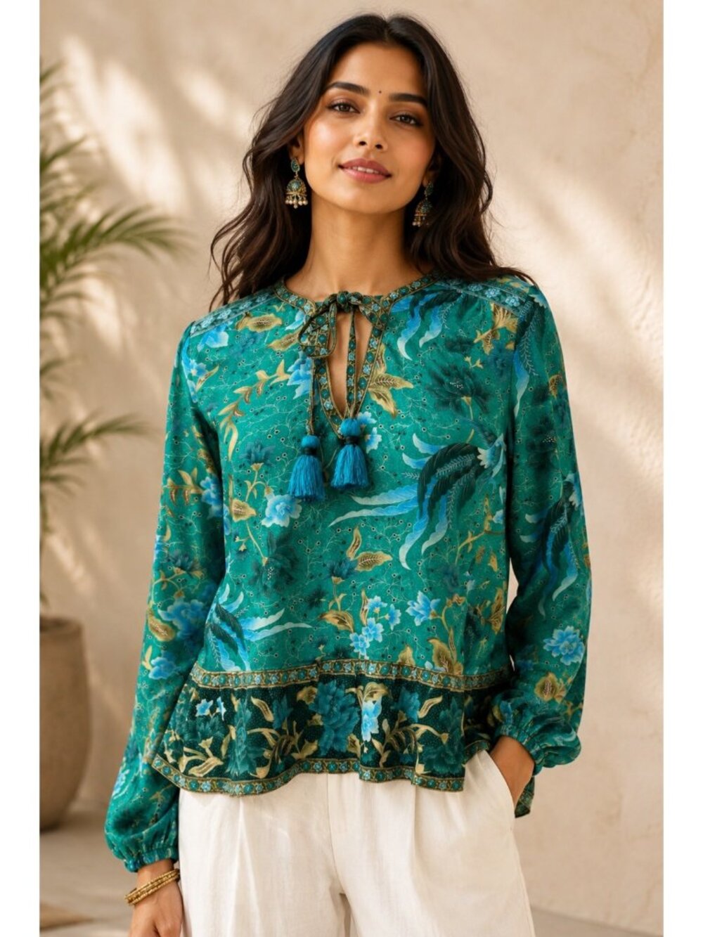 Arnhem Floral Boho Tassel Blouse Top Womens Size 8 Green Blue Peasant